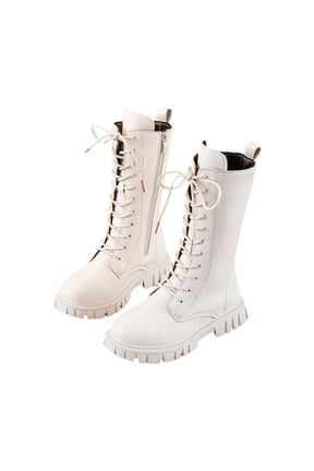 Girls White Lace-Up Combat Galoshes with Side Zipper, Knee-Highs Lugs Dress/School Galoshes Toddler/Tiny/Big Kids