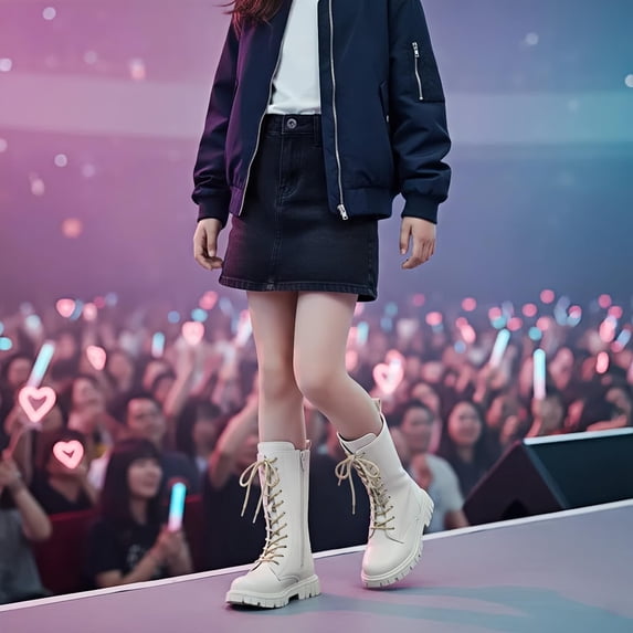Girls White Mid‑Calf Combat Boots, Knee High Mid Calf Side Zipper, Platform Lug Sole Lace‑Up Boots, Fashion Side Zipper Tall Boots for Little & Big Girls, Autumn Winter Dress Boots