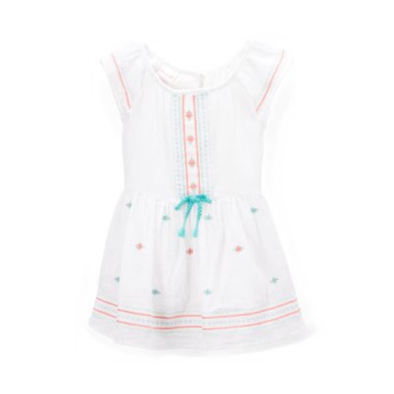 Girls White & Mint Peasant Emroidered Cap Sleeve Stretch Waist Summer Dress 4