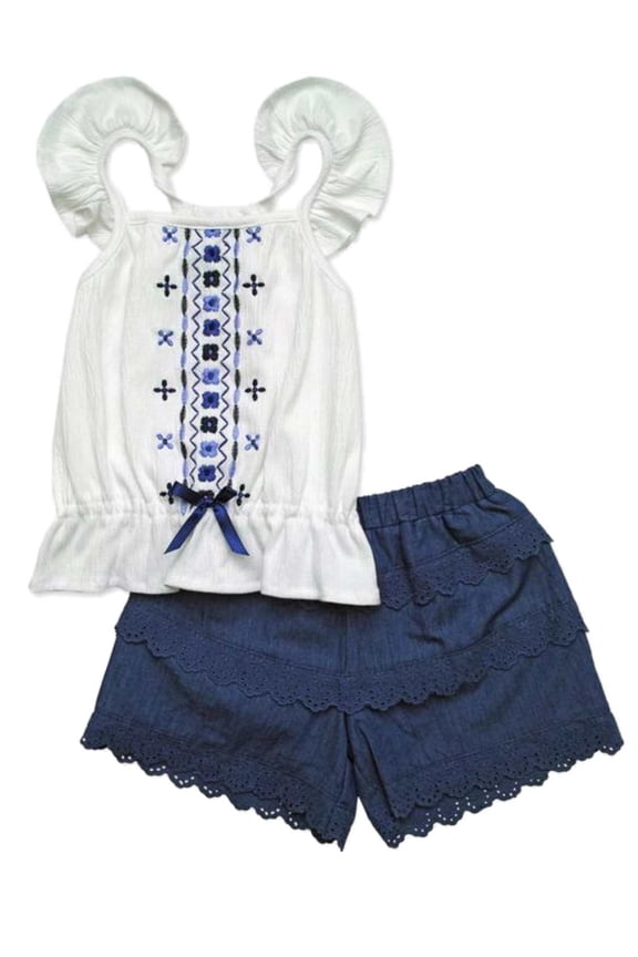 Girls White & Navy Blue Sleeveless Embroidered Tank Top & Navy Tiered Shorts 5