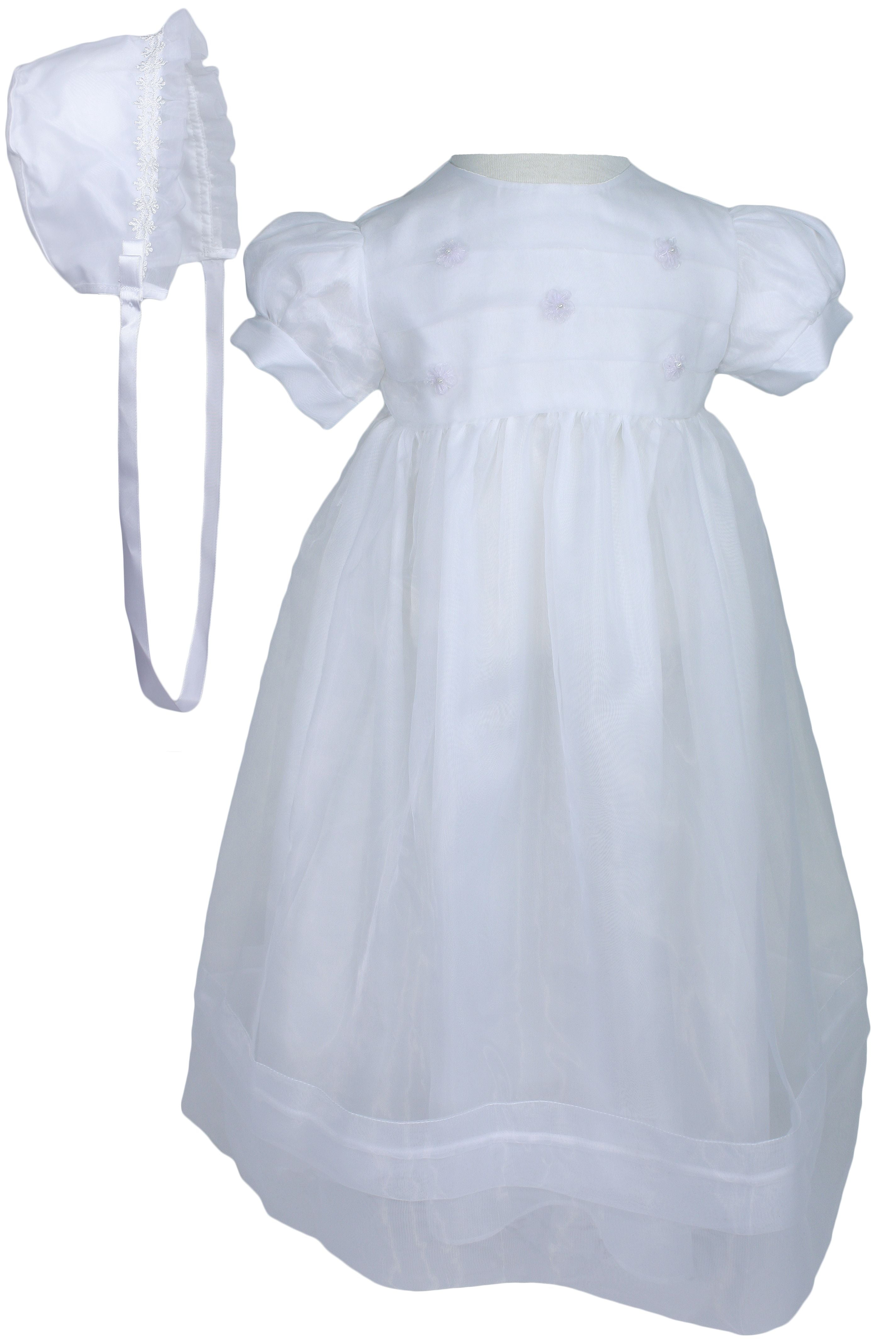 Girls' White Organza Christening Gown Set With Bonnet - Baptism Dress For Baby Blessing & Special Occasions