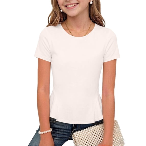 Girls White Peplum Top Short Sleeve Round Neck Tween Kids Summer Casual Blouse Tee,Size 7 T