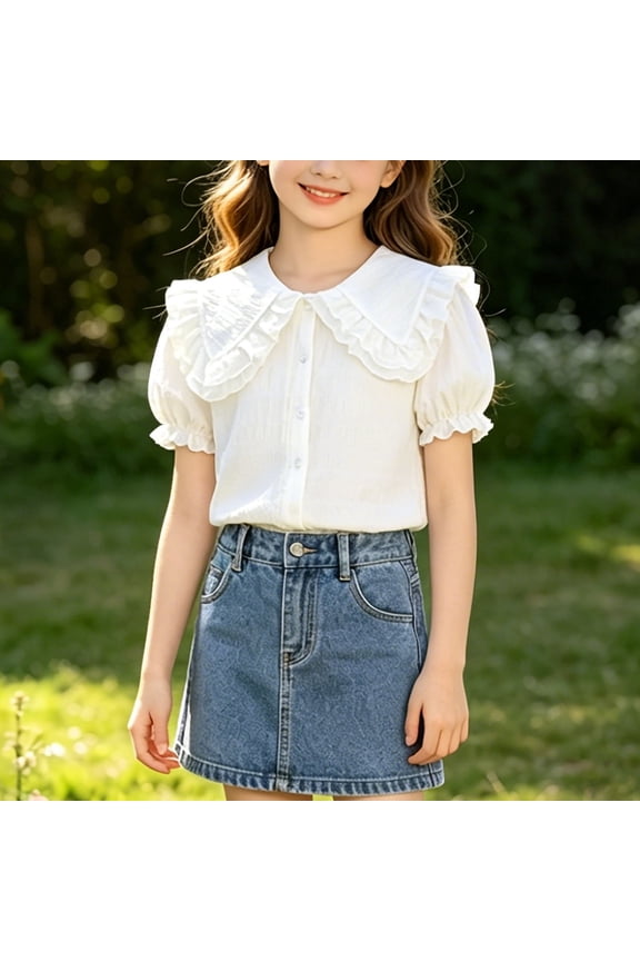 Girls White Peter Pan Collar Puff Sleeve Blouse Cotton Button Front School Uniform Top,Size 9 T