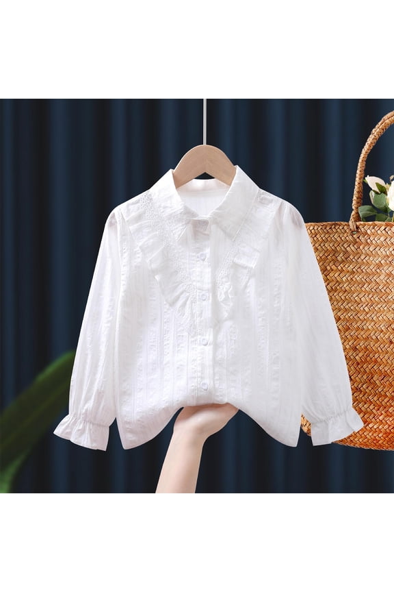 Girls White Peter Pan Collar Shirt, Long Sleeve Cotton Button Down Uniform Shirts Soft Blouse Tops White 5-6 Years