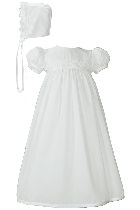 Girls White Polycotton Christening Baptism Gown with Lace Trim & Bonnet (Baby)
