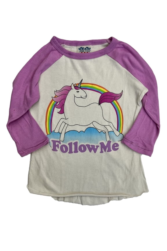 Girls White & Purple Rainbow Unicorn Follow Me 3/4 Sleeve T-Shirt Top S (6-7)