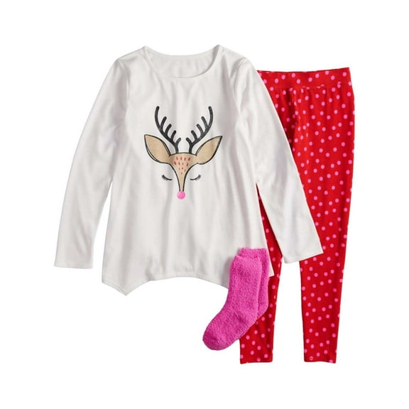 Girls White Reindeer Christmas Pajama set Holiday Sleep Set Small 7/8