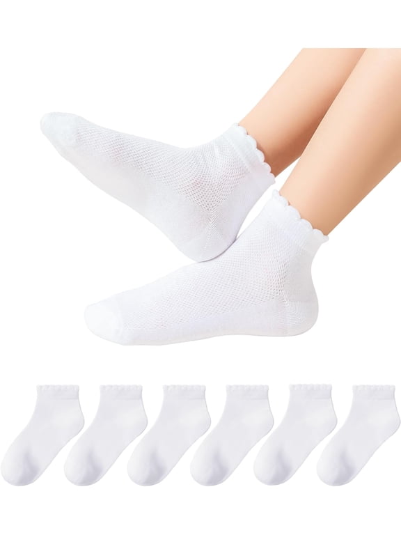 Girls White Ruffle Socks School Uniform Kids Cotton Crew Ankle Cute Frilly Dress Socks 5 Pack