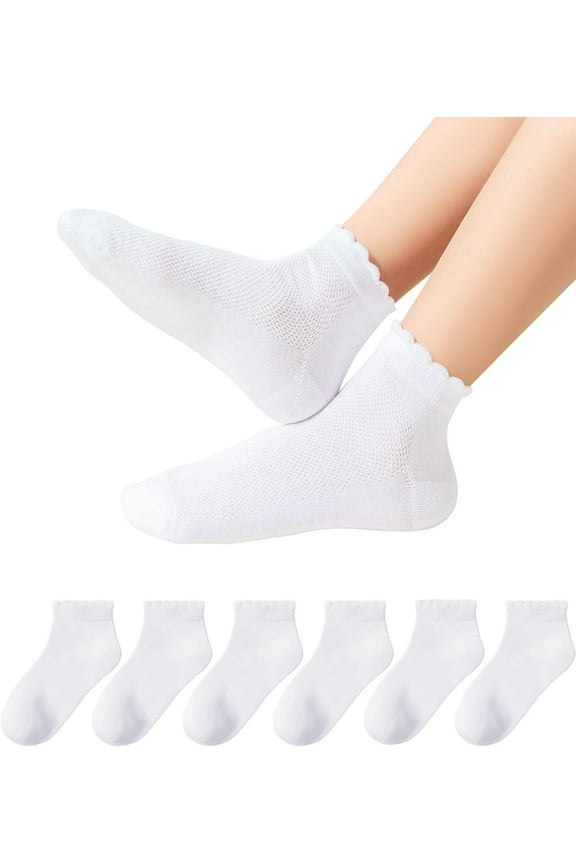 Girls White Ruffle Socks School Uniform Kids Cotton Crew Ankle Cute Frilly Dress Socks 5 Pack