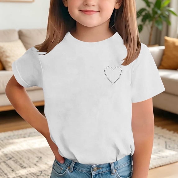 Girls White Sequin Heart Rhinestone Sparkle Glitter Stretchy Short Sleeve Crew Neck T-Shirt Ages 2-12,Size 10-11T