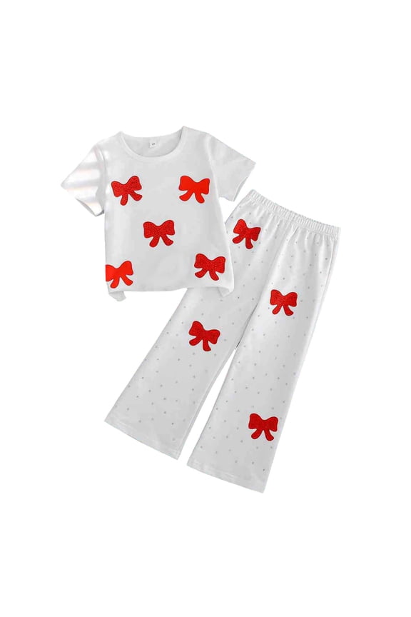 Girls White Sparkle Bow 2-Piece Set, Red Sequin Top & Wide Leg Pants, Party Outfit Sizes 4-9,Size 6 T