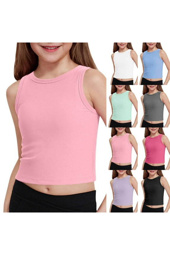 Girls White Tank Top Kids Athletic Tank Tops Sleeveless Ribbed Knit High Neck Crop Tops Gym Yoga Girls Undershirts White 5 Y-6 Y