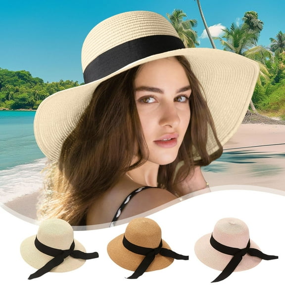 Girls Wide-Brim Straw Sun-Hat for Summer Beach with Bow, Womens Straw Sun Hat,Wide Brim Extra Large Beach Hats, Floppy Summer Hat for Big Heads, for Travel, Beach, Shopping