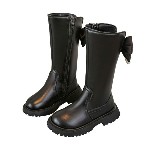 Girls Wide Calf Riding Boots Sweet Pearl Bowknot Splice Leather Round Toe Lug Sole Size Zipper Tall Booties Black 2 Big Kid