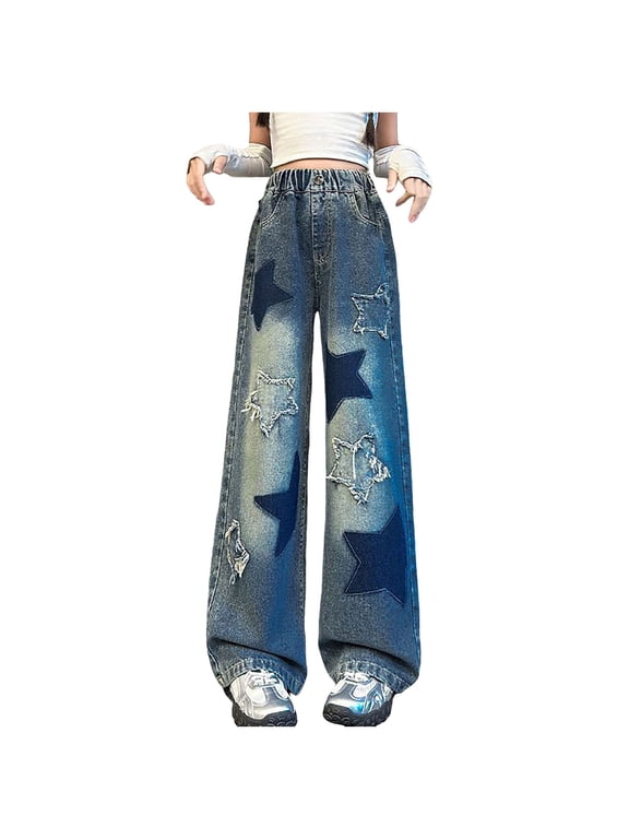 Girls Wide Leg Baggy Jeans Kids Fashion Pleated Elastic High Waist Denim Pants with Pockets 5-14 Years Girls Jeans Size 10-12 Skinny