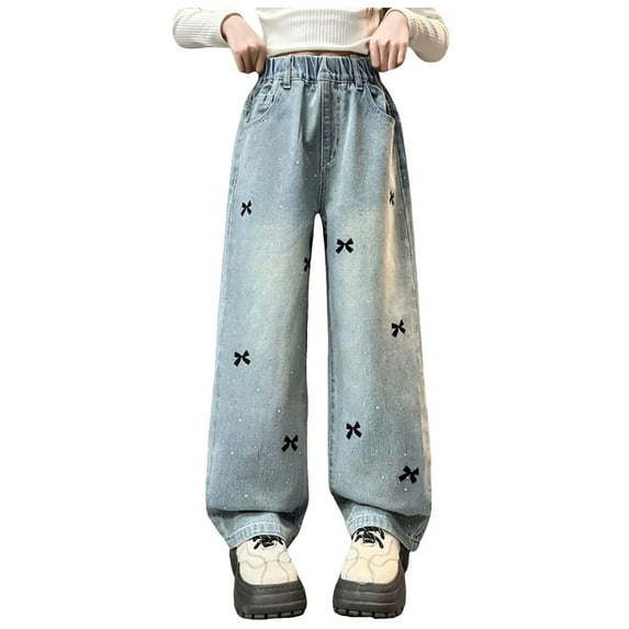 Girls Wide Leg Baggy Jeans Kids Fashion Pleated Elastic High Waist Denim Pants with Pockets 5-14 Years Girls Jeans Size 10-12