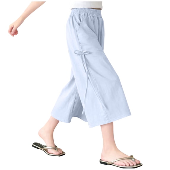 Girls Wide Leg Capris Summer Lightweight Flowy Cropped Pants Cute Elastic High Waisted Bow Tie Crop Pants with Pocket