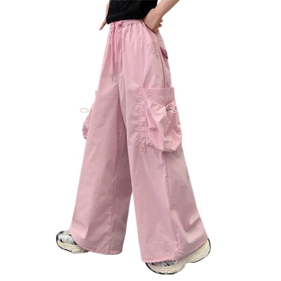 Girls Wide Leg Cargo Pants Summer Casual Loose Fit Pink Long Pants Kids Drawstring Elastic Waist Streetwear Trousers with Pockets(Pink,7-8 Years)