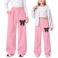 thumbnail image 1 of Girls Wide Leg Cargo Pants with Bow Tie, Elastic High Waist Baggy Sweatpants Pockets Loose Streetwear for, 1 of 4