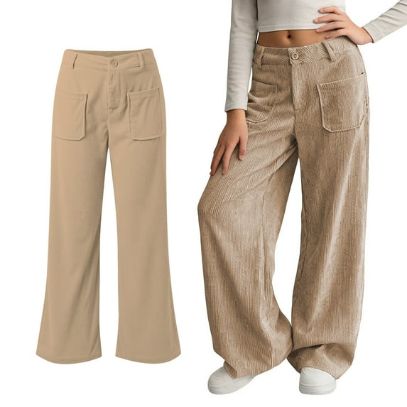 Girls Wide Leg Corduroy Pants Button Front Zipper Straight Pants with Pockets High Waist Casual Pants for Girls Khaki Uniform Pants Teen Girls Clothes Size 13-14 Years