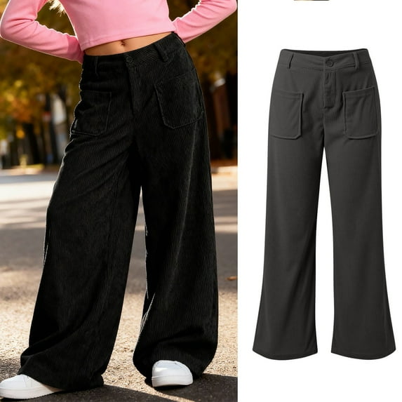Girls Wide Leg Corduroy Pants Vintage Baggy Pants with Pockets High Waist Casual Pants for Girls Girls Black Pants Kids Back To School Outfits for Girls 5-6 Years