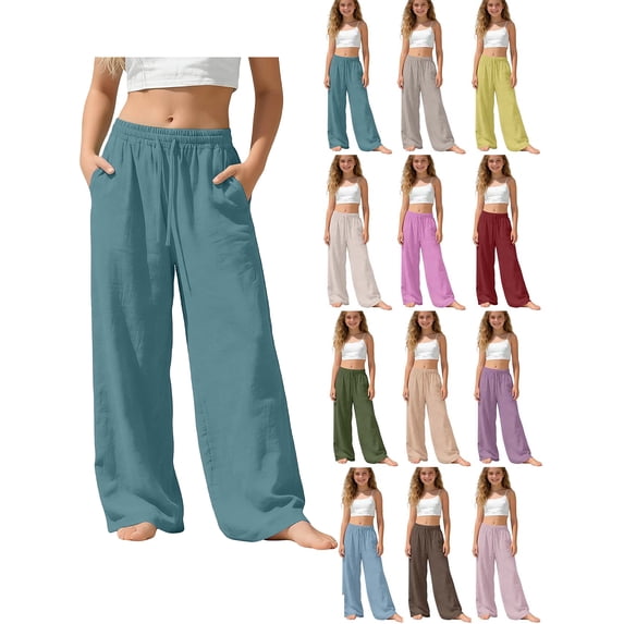 Girls Wide Leg Cotton Linen Pants Kids Drawstring Waist Loose Casual Fashion Long Pants with Pockets