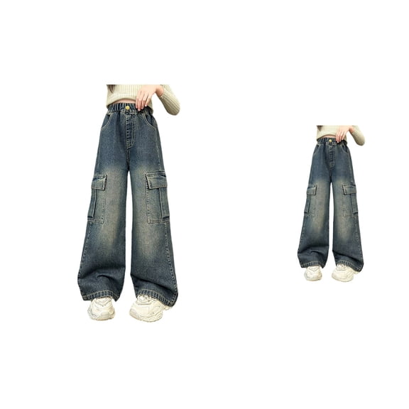 Girls Wide Leg Denim Cargo Pants with Elastic Waistband, Casual Baggy Straight Leg Jean Sweatpants with Pockets for Comfortable Everyday Wear