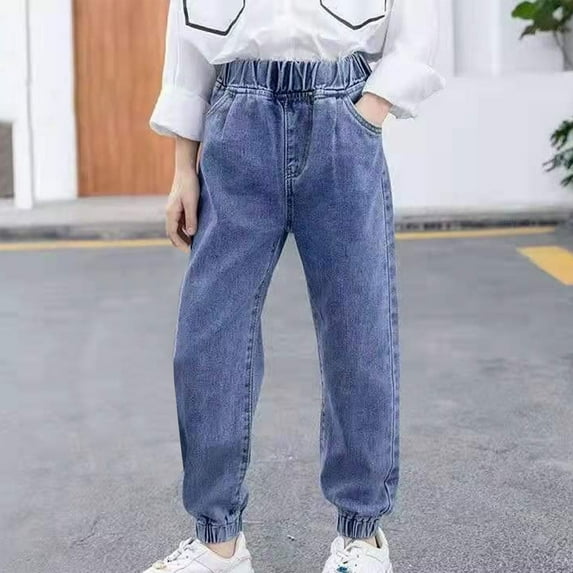 Girls' Wide Leg Denim Jeans New Spring and Summer Cute Print Girls Pocket Elastic Waist Comfy Full Length Pants Jeans Style B-22 Blue 4 Years