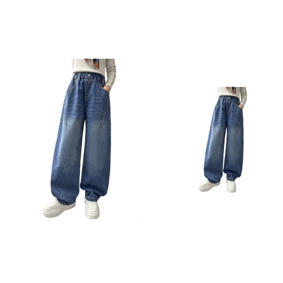 Girls' Wide Leg Denim Pants â High Waist Baggy Straight Barrel Jeans with Double Patch Pockets, Contrast Stitching, Y2K Streetwear Hop Casual Trousers