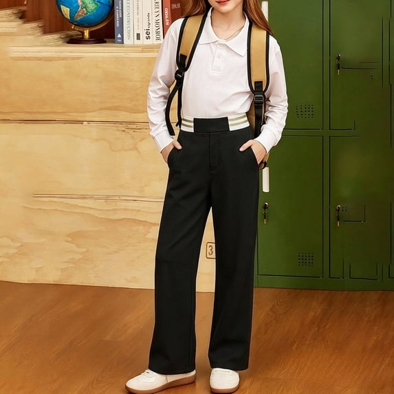 Girls Wide Leg Dress Pants, Elastic Waist Straight Leg Trousers with Pockets, School Uniform Casual Pants for Kids, Black, 9-10 Years