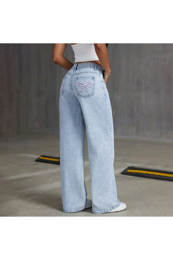 Girls Wide Leg Jeans Baggy Bow Embroidery High Elastic Waist Denim Pants Cute Y2K Trendy Tween Streetwear 8-16Y Cargo Jeans For Girls Size 10-12 Cute Clothes For Girls 10-12 Preppy