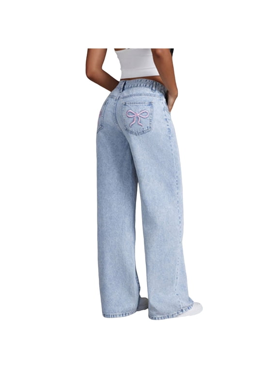 Girls Wide Leg Jeans Baggy Bow Embroidery High Elastic Waist Denim Pants Cute Y2K Trendy Tween Streetwear 8-16Y Girl's Bow Print Back Zipper Fly Elastic High Waist Denim Pants Basic Wide Leg Jeans