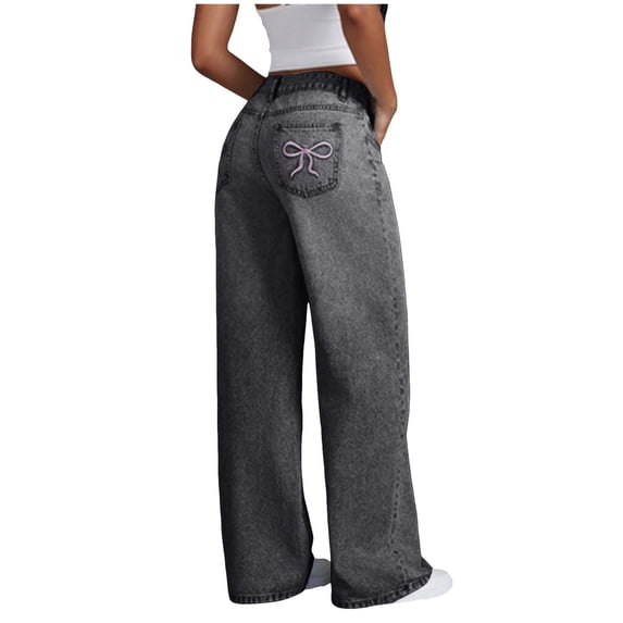 Girls Wide Leg Jeans Baggy Ripped/Bow/Floral Teen Denim Pants Mid Rise Elastic Band Pockets Casual Cute 8-14Y Jeans with Bows on Pockets