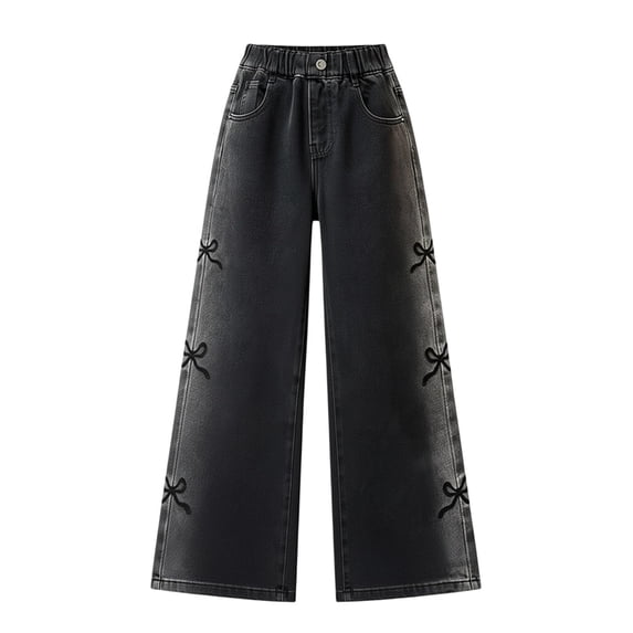 Girls' Wide Leg Jeans Black with Side Bow Embroidery and Relaxed Fit 5-15 Years