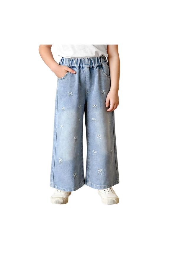 Girls Wide Leg Jeans Bow Embroidery/Leopard Print Denim Pants Straight Baggy Pockets Tweens for Kids 8-14Y Low Rise Jeans Bootcut