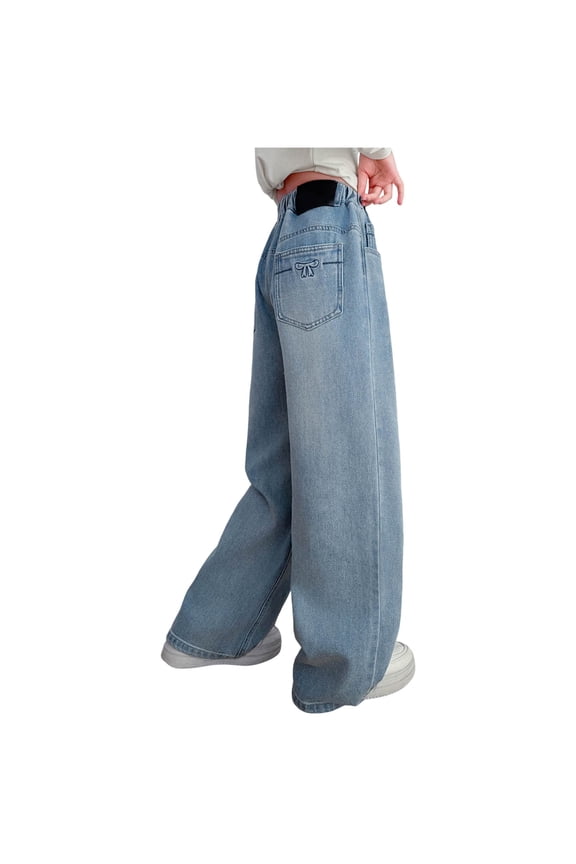 Girls Wide Leg Jeans Bow Embroidery/Leopard Print Denim Pants Straight Baggy Pockets Tweens for Kids 8-14Y Wide Leg Jeans with Elastic Waist