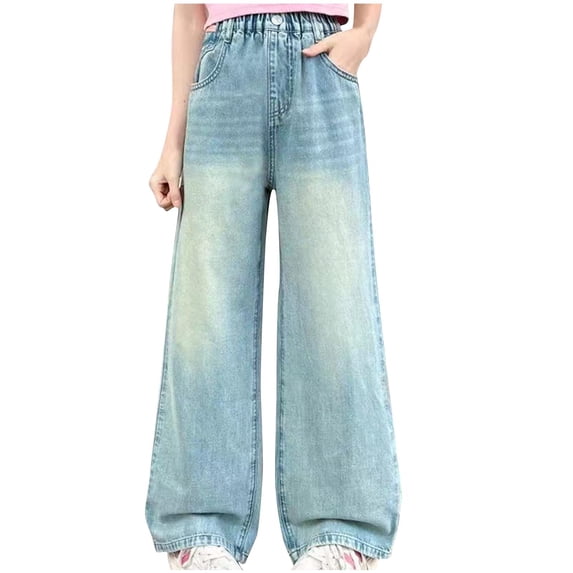 Girls Wide Leg Jeans Casual Spring Denim Pants Baggy Loose Elastic Waist Girlfriend Long Trousers Valentine's Day, Light Blue, 9 Years