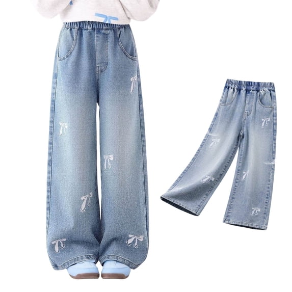 Girls Wide Leg Jeans Elastic Waist Baggy Jeans Bow Print Pants School Pants Girls Pants for Girls Size 5-14 Years