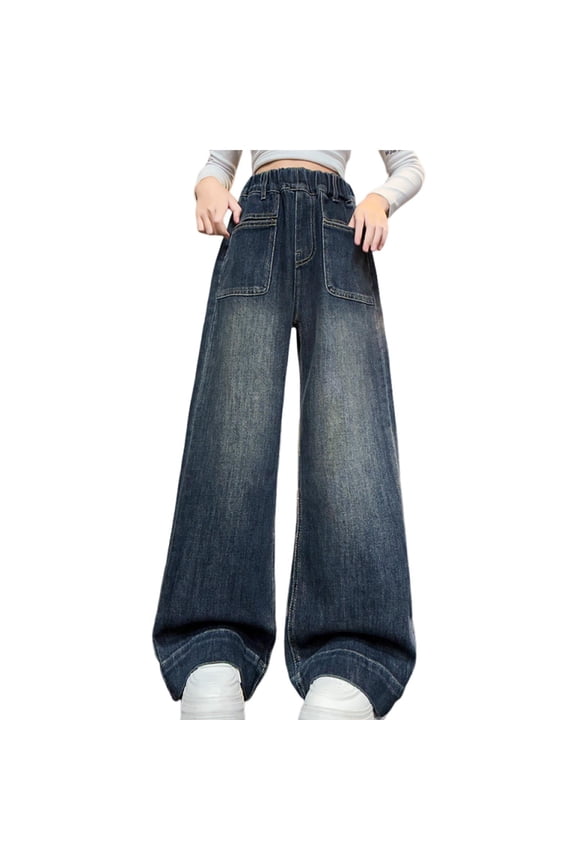 Girls Wide Leg Jeans High Waisted Elastic Waist Pockets Vintage Faded Blue Casual Daily Denim Pants,Size 14-15T