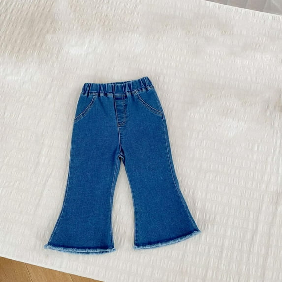 Girls Wide Leg Jeans Kids Baggy Elastic Waist Casual Bell-Bottom Denim Pants Children's Solid Color Pants With Elastic Waist Casual And Comfortable Jeans with Pockets for 0-3Y