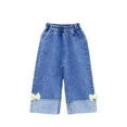 thumbnail image 1 of Girls Wide Leg Jeans Kids to Kids Blue Denim Elastic Waist Cropped Pants with Floral Bow Applique Soft Stretchy Play Pants,Size 2-3 T, 1 of 5