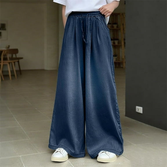 Girls Wide Leg Jeans New Children's Casual Jeans with Comfortable Elastic Waistband and Loose Casual Pants for Adults Style B-58 Black 12 Years