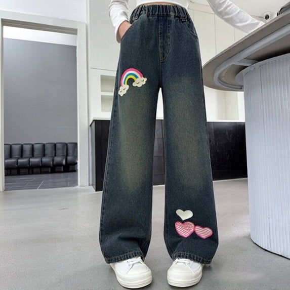 Girls Wide Leg Jeans Printed with Heart Rainbow Pattern Straight Cut Casual Denim 100 Days of School Trousers for Big Kids Fashionable Pants(Navy,5-7 Years)