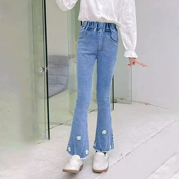 Girls Wide Leg Jeans Pull on New Girls' Jeans Girls and Stylish Appearance Children's Bottoms Medium and Large Children's Pants Style B-34 Blue 12 Years
