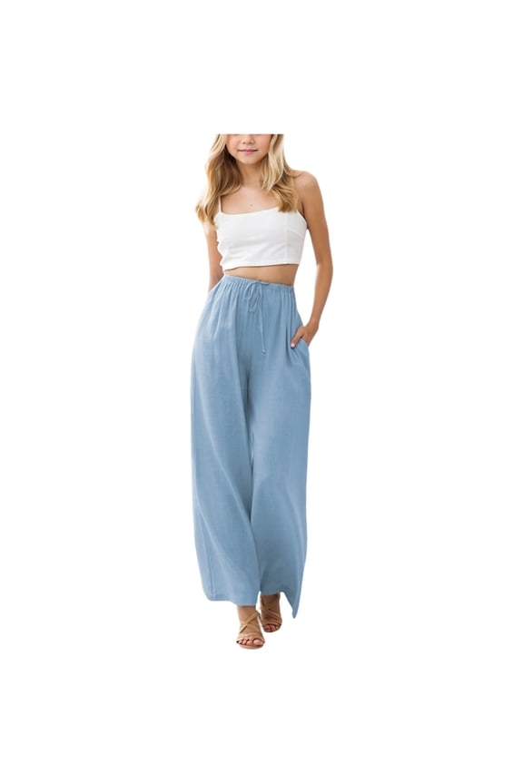 Girls Wide Leg Linen Pants Casual Summer Palazzo Pants Flowy Boho High Waisted Beach Lounge Trousers with Pockets Relaxed Fit Comfortable
