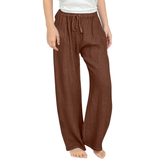 Girls Wide Leg Pants Elastic Waist Drawstring Straight Pants Kids Summer Loose Comfortable Breathable Trousers Brown 8-9 Years
