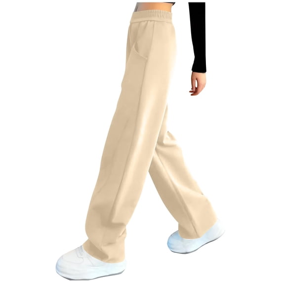 Girls Wide Leg Pants Elastic Waist Soft Breathable Lounge Sweatpants for Kids Girls 5-16 Years in Beige,Size 7-8 T