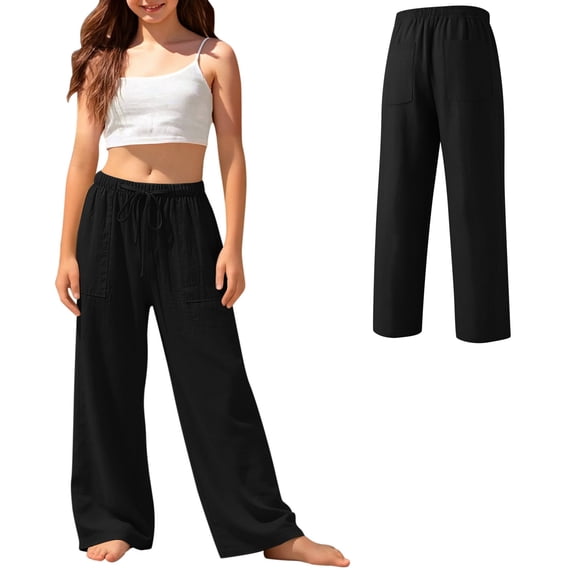 Girls Wide Leg Pants Flowy Palazzo Pants for Girls Kids Linen Trousers Black Loose Fit Spring Summer Casual Beach Travel 16-17 Years