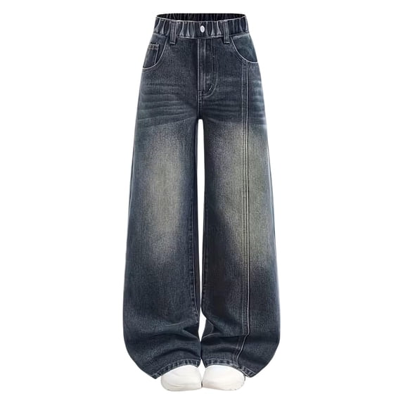 Girls Wide Leg Pants Girls Jeans Elastic High Waisted Wide Leg Baggy Denim Pants with Pockets