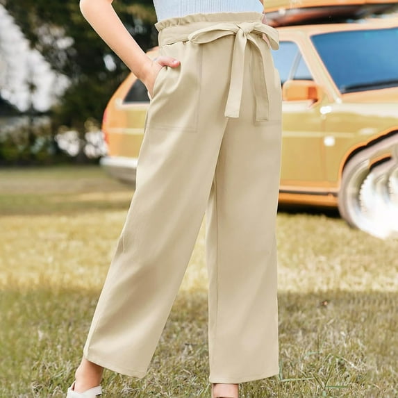 Girls Wide Leg Pants High Elastic Smocked Waist Casual Flowy Cute Long Trousers Casual Girls Pants Khaki 11-12 Years